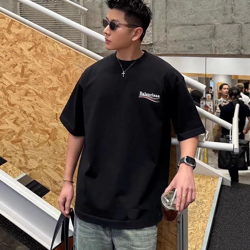 Paris T-Shirt Unisex Coca-Cola Wave Embroidered Letters Loose Heavyweight Trendy Brand Bl Short-Sleeve Men's T-Shirt Pure Cotton