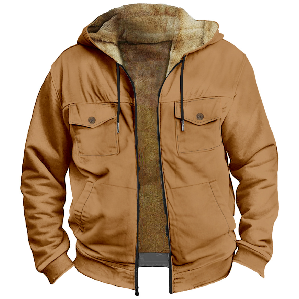 2023 transfronteriza europea y americana patrón de color sólido impresión 3D Impresión digital suéter con capucha forro marrón bolsillo algodón