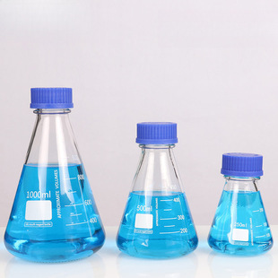 Glass Transparent Threaded Mouth Blue Cap Reagent Bottle Conical Bottle Sealed with Scale Chemical Laboratory Sampling