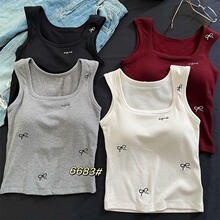 秋季磨毛背心女时尚蝴蝶结刺绣固定杯宽肩美背外穿内搭打底上衣女