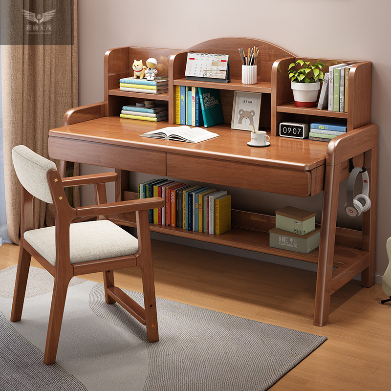 Escritorio de madera maciza, escritorio elevador manual, escritorio para estudiantes de secundaria, dormitorio, hogar, escritorio simple, estantería, escritorio integrado, escritorio y silla image 3