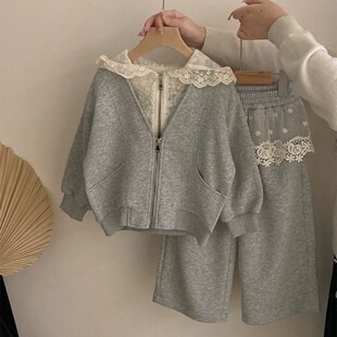 Girls Spring and Autumn suit New Hooded Sweater Casual Lace Cardigan Jacket Stitching Pants Two-piece Set
