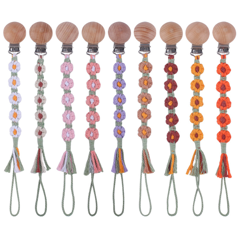 Suministros para bebés clip de chupete de haya creativo DIY hecho a mano cinco flores cuerda de algodón fino tejido pezón cadena anti-caída