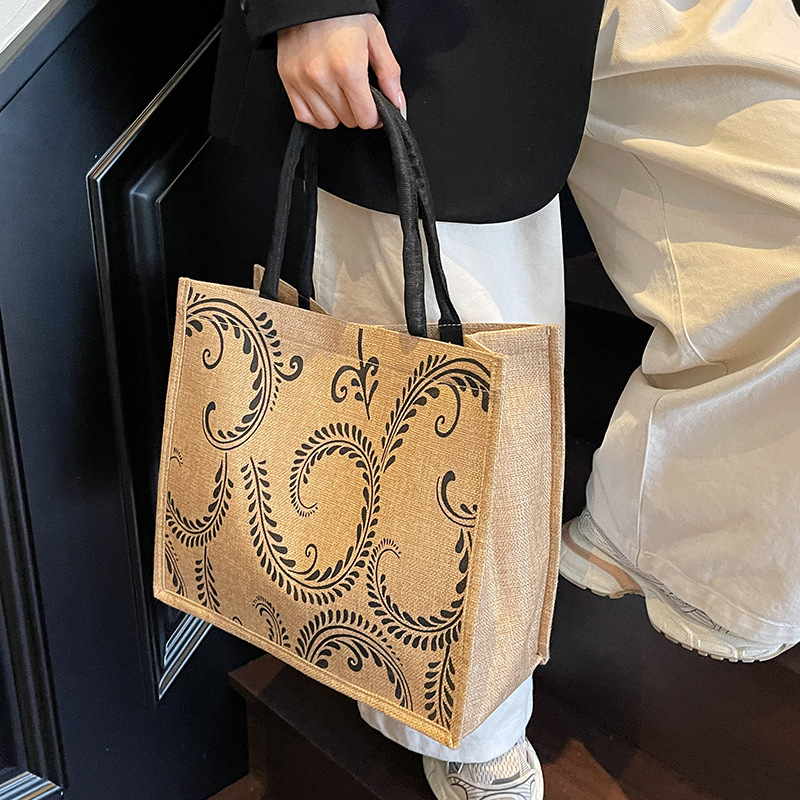 765g Weight Magnetic Buckle Closure Type Double Handle Strap Type Handbag Bags Type Casual, Holiday Occasion Hemp Material Geometric Pattern All Seasons Season Women's Gender Elegant, Vintage Style Style Square Shape Women's Hemp Geometric Elegant Vintage Style Square Magnetic Buckle Handbag 4