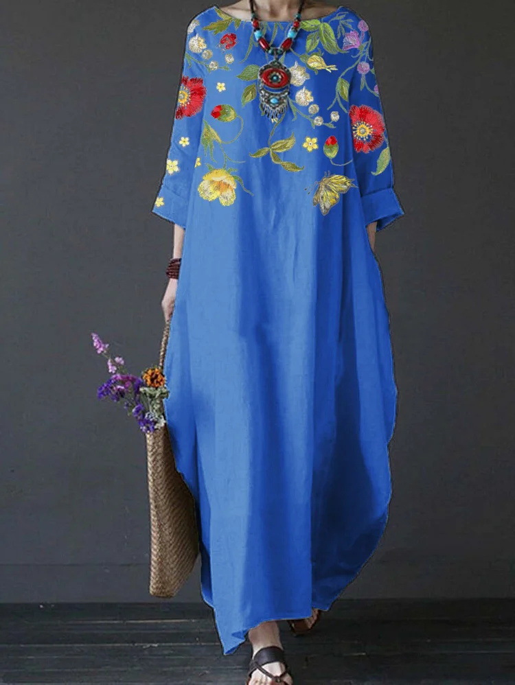 Independent Brand Printed Women's Clothing, European And American Three-quarter Sleeve Midi Dress, Floral Bohemian_ecoleips.com