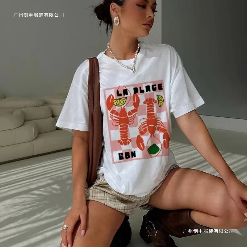 Girls' Cute Fashion Patterned Short-Sleeve Y2K Aesthetic T-Shirt, Seafood Vacation Shirt, Women's Retro Style Dragon Girls' Cute Fashion Patterned Short-Sleeve Y2K Aesthetic T-Shirt, Seafood Vacation Shirt, Women's Retro Style Dragon