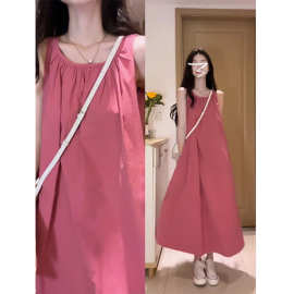 茶歇法式无袖吊带连衣裙女夏季高级感背心A字长裙显白气质树莓红