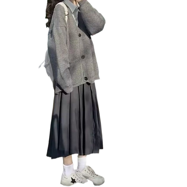 임산부의 가을 세트 한국식 대학 스타일 느슨한 스웨터 카디건 재킷 배꼽 지원 스커트 외국식 투피스 세트