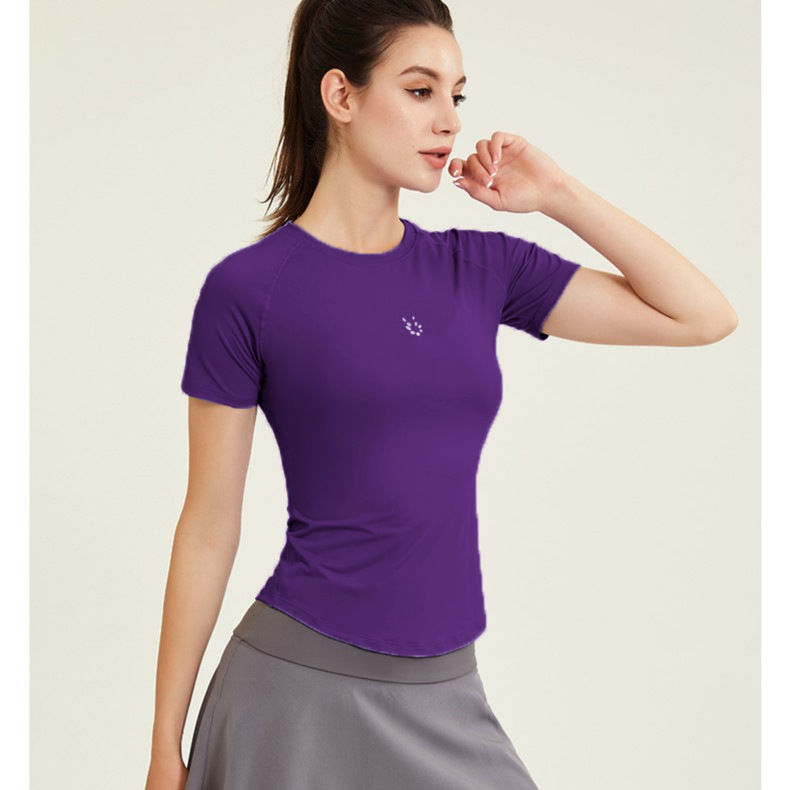 Ropa de ejercicios desnuda para mujeres delgada helada de cuello redondo con mangas de hombro para correr camiseta deportiva delgada ropa de yoga roja en línea