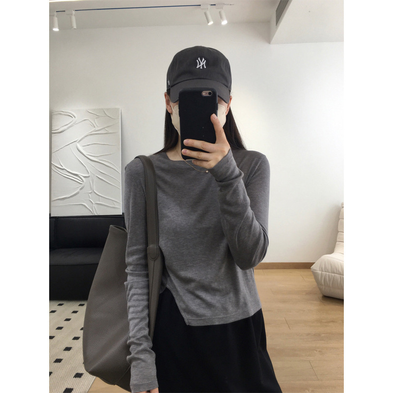 Self-Recommended Ins Style Versatile Soft Slit Pullover Short Top for Women Spring & Fall Simple Round Neck Long-Sleeved T-Shirt