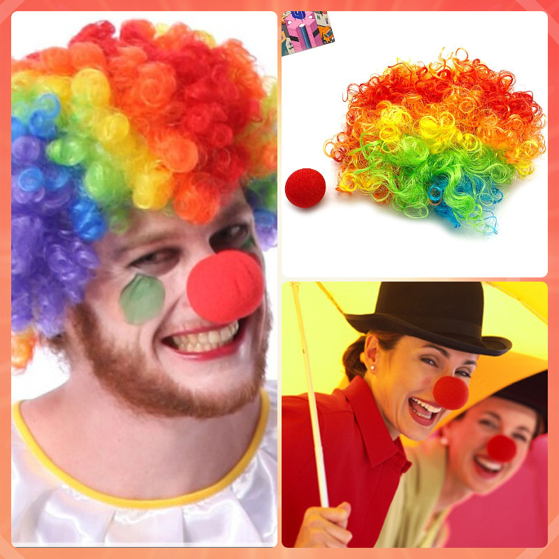 Clown wig colorful headgear curly hair Prom makeup COS Halloween clown red nose sponge props