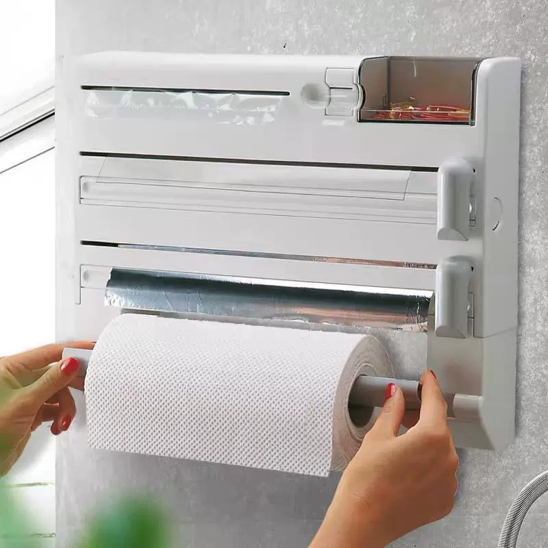 厨房家用多功能置物架壁挂式保鲜膜收纳盒切割器放置架卷纸架子