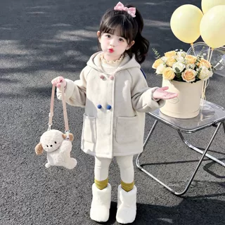 女宝兔耳朵毛呢大衣秋冬2026新款小女孩韩系加厚休闲宽松连帽外套