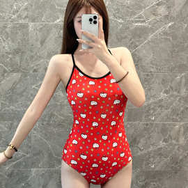 可爱卡通红色Hello Kitty连体三角可爱竞速游泳衣女保守低叉学生