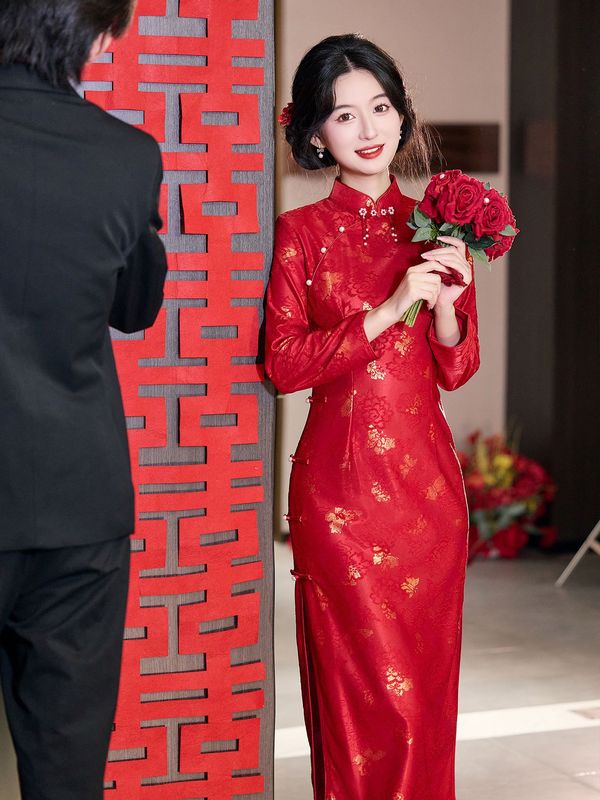 长袖旗袍敬酒服结婚当天新娘便装中式回门红色礼服订婚礼高端大气|undefined