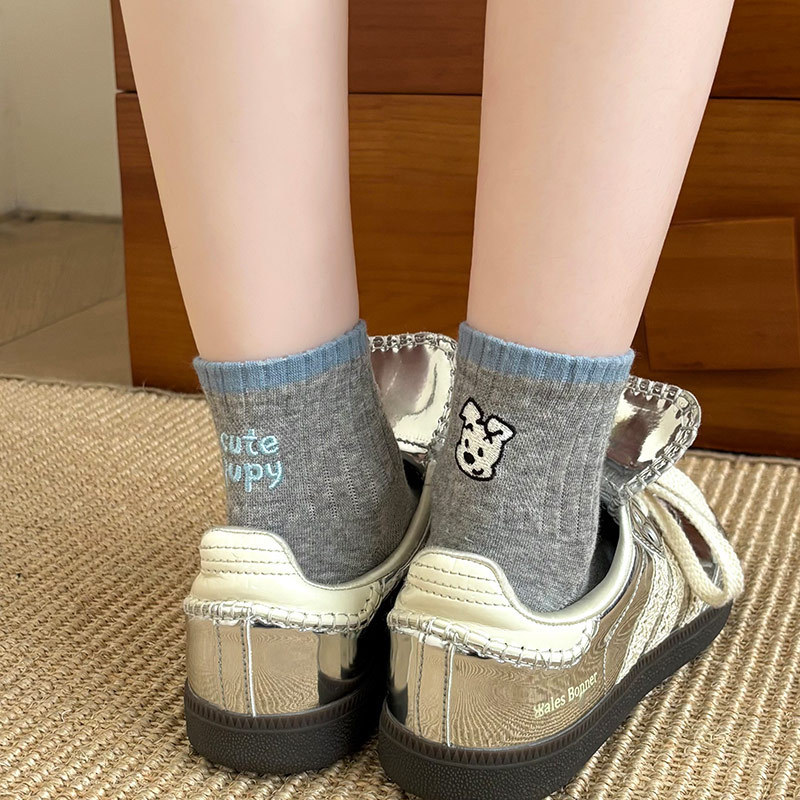 Women's Socks for Spring and Summer, Mid-Calf Socks, Antibacterial Seamless Cotton Socks, Versatile Dotted Yarn Socks with Small Dog Embroidery, Wholesale Women's Socks