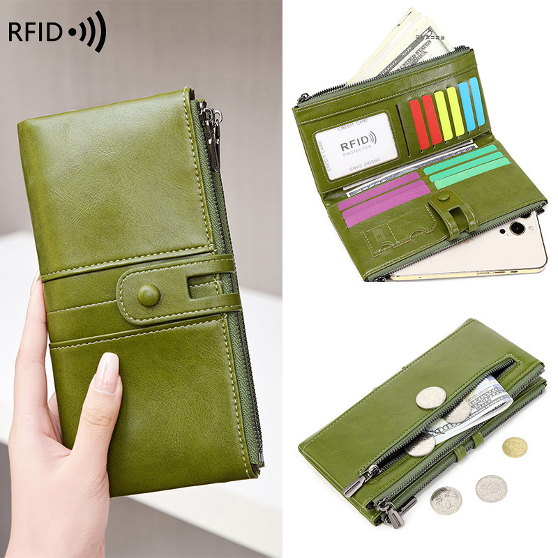 국경 간 RFID 도난 방지 브러시 여성 지갑 오일 왁스 가죽 더블 지퍼 긴 지갑 유럽과 미국의 새로운 복고풍 클러치