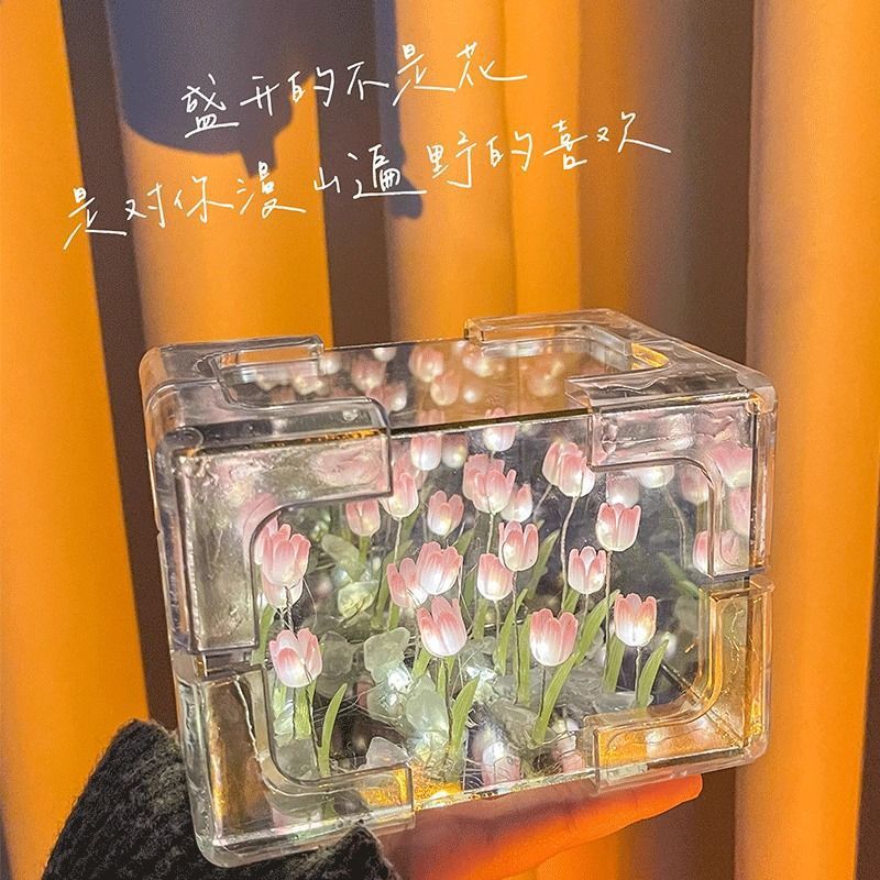 Diy Tulipan flores mar lámpara de noche espejo rectangular pareja novia Día de San Valentín Diy lámpara caja de regalo ramo de flores iluminado