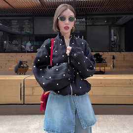 黑色波点立领冲锋衣女款2025春夏新款复古小众宽松休闲百搭外套潮