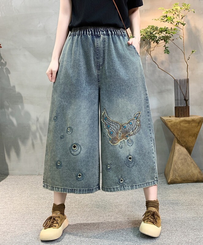 Korean Style New Cartoon Embroidered Floral Letter Wash Denim Elastic Waist Drawstring Loose Jeans Cropped Pants