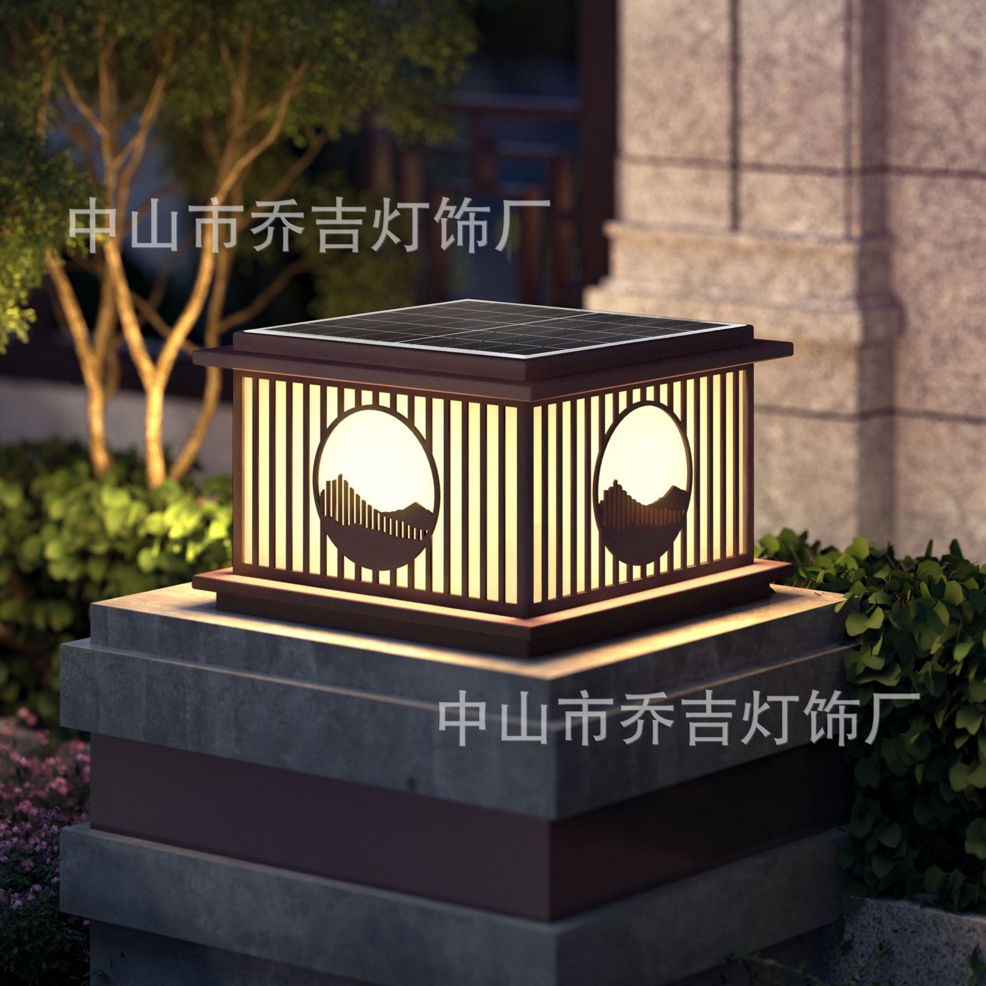 Villa Outdoor Garden Solar Energy New Chinese Style Column Head Lamp Outdoor Waterproof Gate Electric Courtyard Wall Lamp