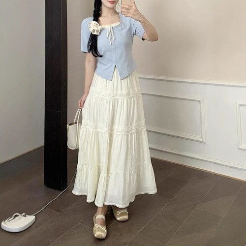 Women's Summer French Square Collar Lace Splicing False Two-Piece T-Shirt with Positive Shoulder Design for Hiding Fat and Slimming