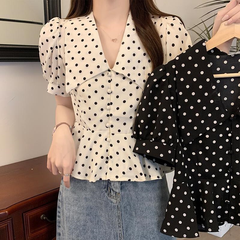 Convenient activities plus size summer new doll collar wave bubble sleeve top slightly fat slim all-match short sleeve shirt