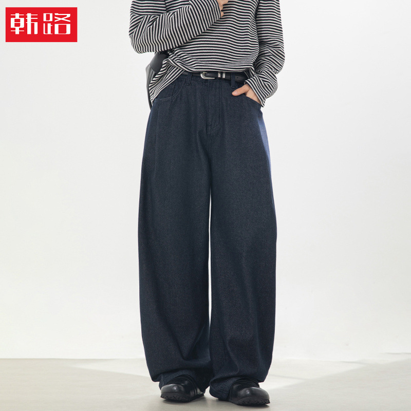 Vintage Raw Denim 3D Pleated Washed Jeans, New Spring Style with Magic Tape Cuffs, Loose Casual Long Pants