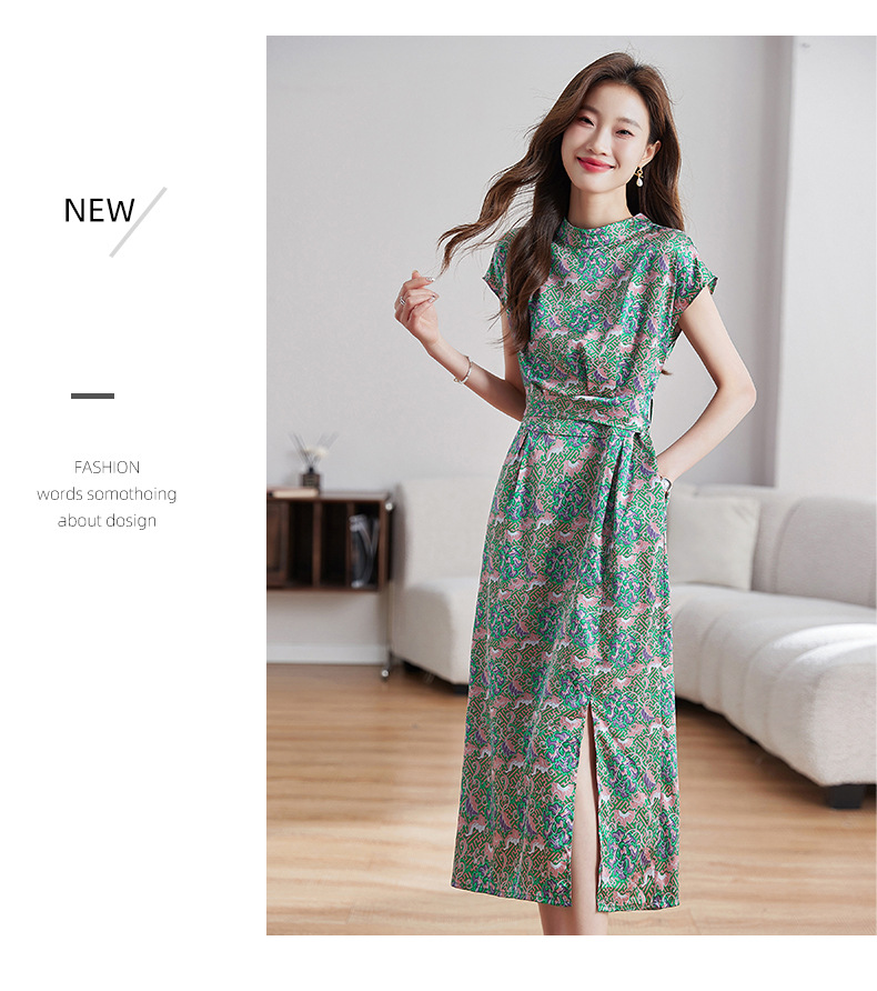 Váy maxi hoa nhí xẻ tà thiết kế cổ điển, dáng suông thắt eo — Màu như hình chi tiết 8