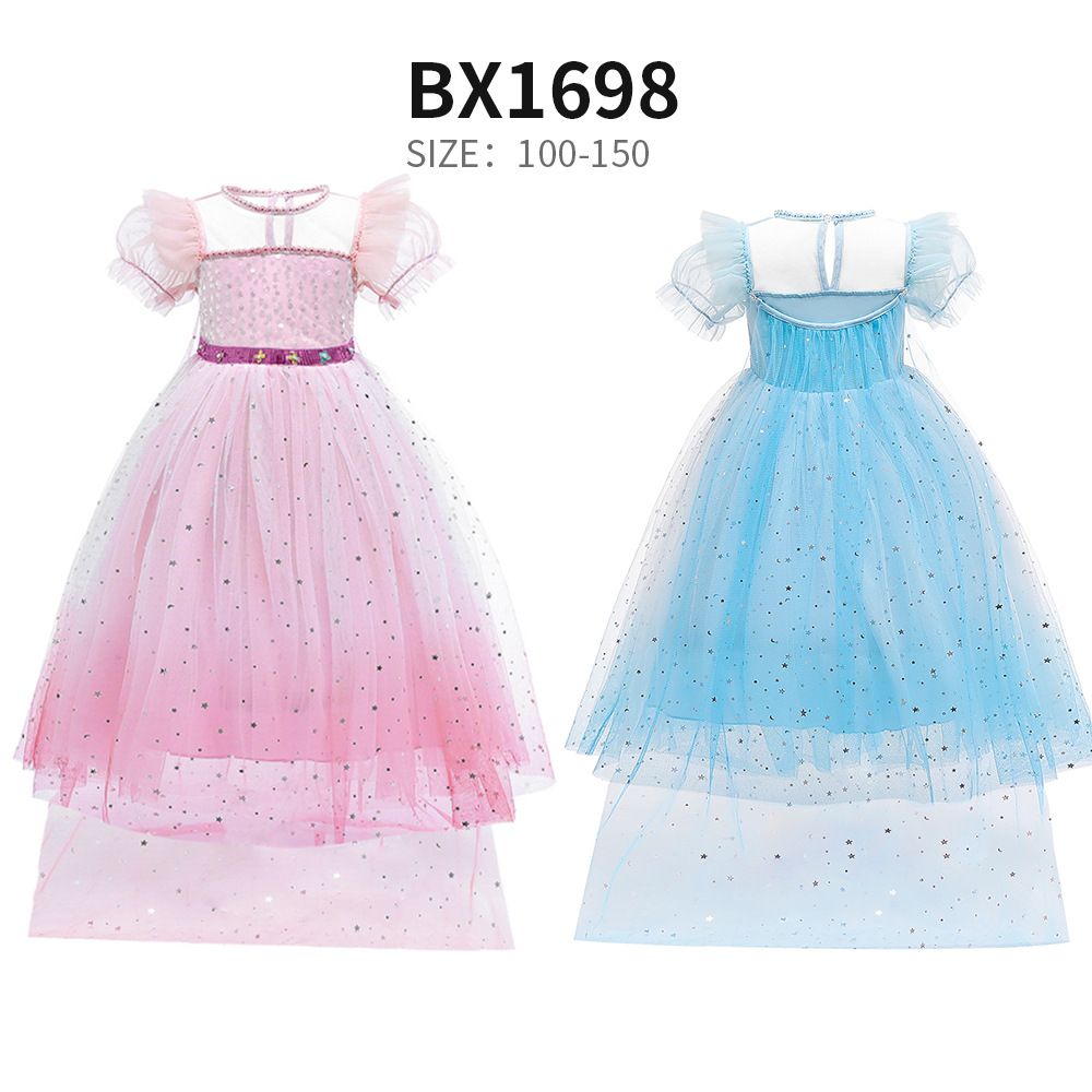 2024 New Aisha princess dress Frozen 2 sequined puff sleeve lace dress mesh stitching pettiskirt