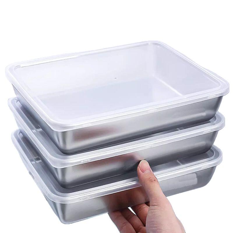 食品级不锈钢带盖子长方形盘保鲜盒餐用托盘烤肠撒料盘冰箱收纳盒|undefined