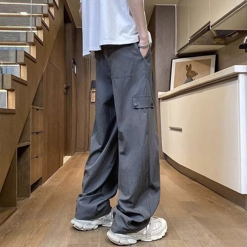 Ice-silk thin-style paratrooper workwear pants for men, trendy summer brand loose-fit straight-leg wide-leg trousers; men's pleated casual long pants.