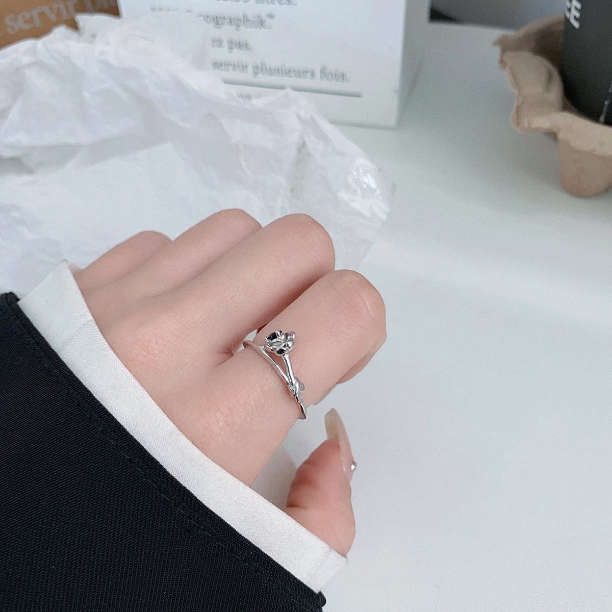 s925 Silver Black Diamond Flower Open Ring Image 6