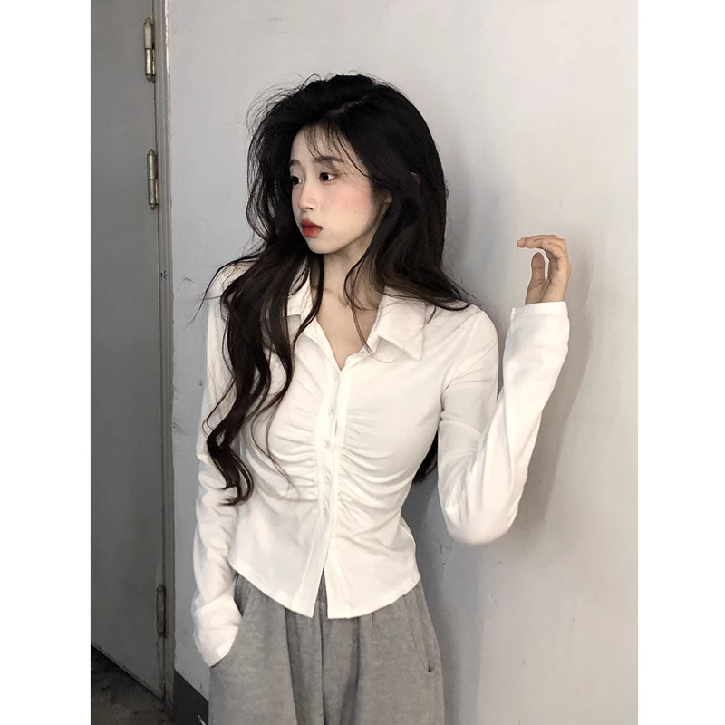 Designed Pleated Long-Sleeved T-Shirt Autum 2024 New Slim-Fitting Small Lapel Pure Lust Sexy Bottoming Top for Women Designed Pleated Long-Sleeved T-Shirt Autum 2024 New Slim-Fitting Small Lapel Pure Lust Sexy Bottoming Top for Women