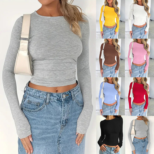 2024 Amazon Temu Bestseller: New European and American Style Solid Color Slim-Fit Round-Neck Short Long-Sleeved T-Shirt for Cross-Border Women’s Fashion