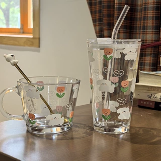 ins风吸管印花玻璃水杯郁金香小狗系列可爱卡通果汁批发牛奶杯