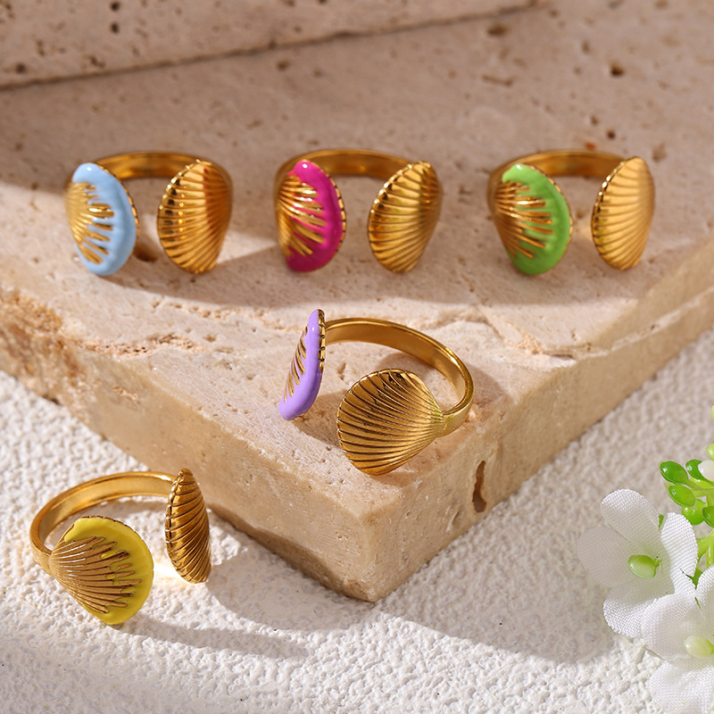 TENA estilo de oro de 18 quilates no se pierde color goteo de aceite anillo de conchas de nicho de alta calidad estilo marino joyas