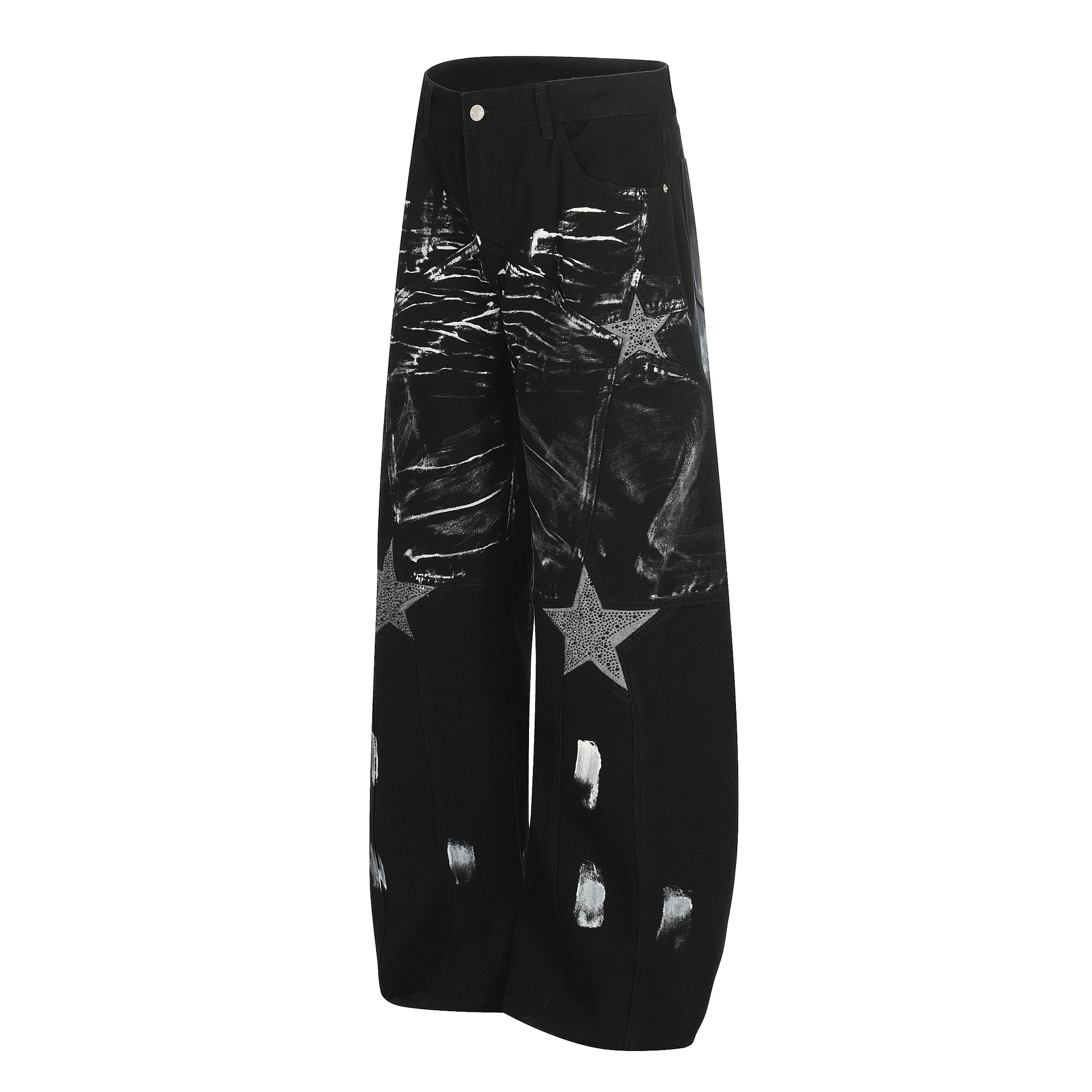 Jean en denim noir délavé, coupe ample, jambe droite, style vintage, effet peinture éclaboussée, pour homme et femme._voghion.com