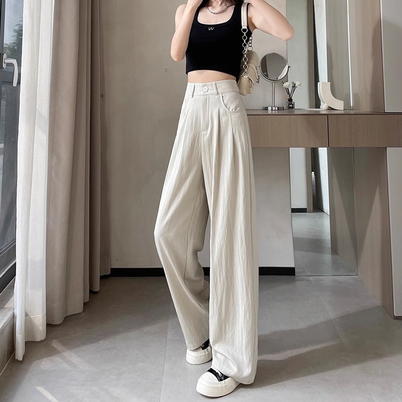 Pantalones de piernas anchas de seda de hielo para mujeres verano delgado cintura alta delgada pantalones fríos de protección solar pantalones de alta sensación de pluma