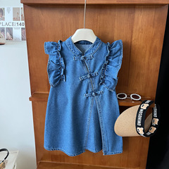 女童牛仔裙2024夏季新款中國風兒童木耳邊寶寶漢服盤扣牛仔裙