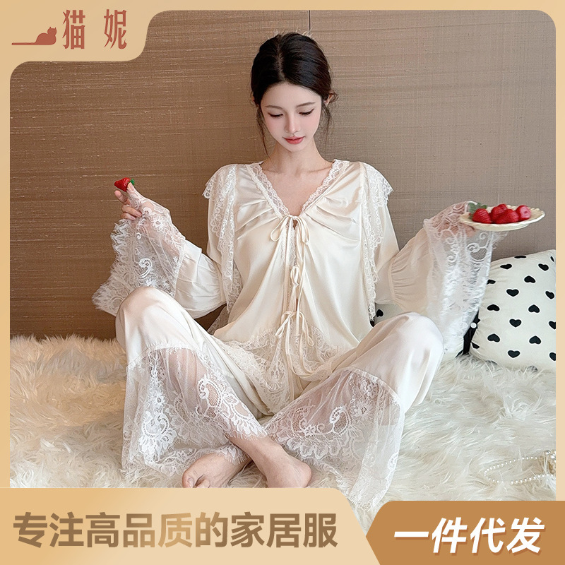New Ice Silk Pajamas Women's Spring and Summer High-end French Court Style Lace Stitching suit Thin Long-sleeved Home Clothes
