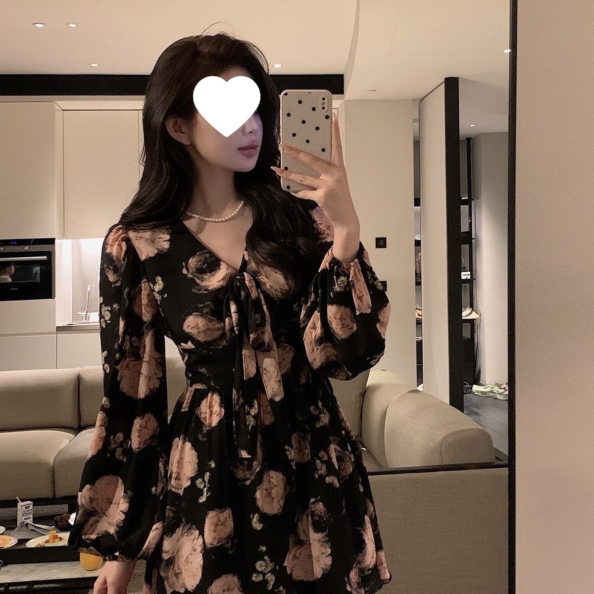 大码法式新款轻奢黑色长袖收腰玫瑰碎花印花连衣裙显瘦花色修身型