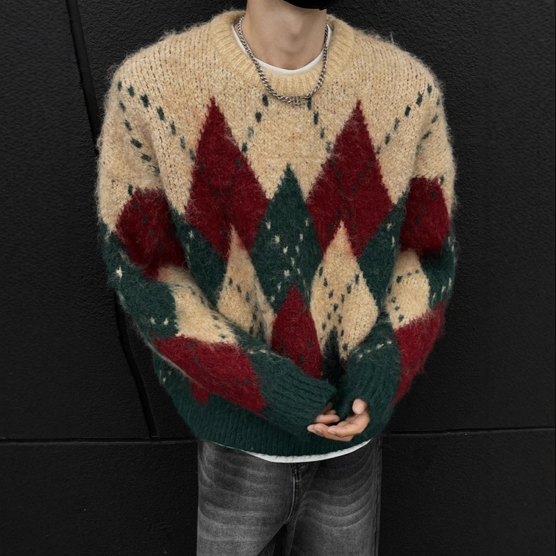 American Style Retro Rhombic Christmas Sweater Men's Winter Thickened Warm Knitted Shirt Lazy Style Loose Base Shirt