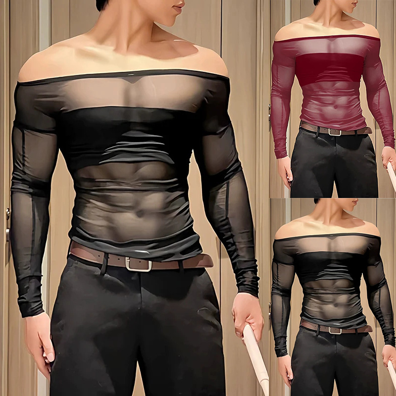 Cross-Border Amazon European and American Men's One-Shoulder Mesh Long-Sleeve T-Shirt Sexy See-Through Slim-Fit Nightclub Top Wholesale