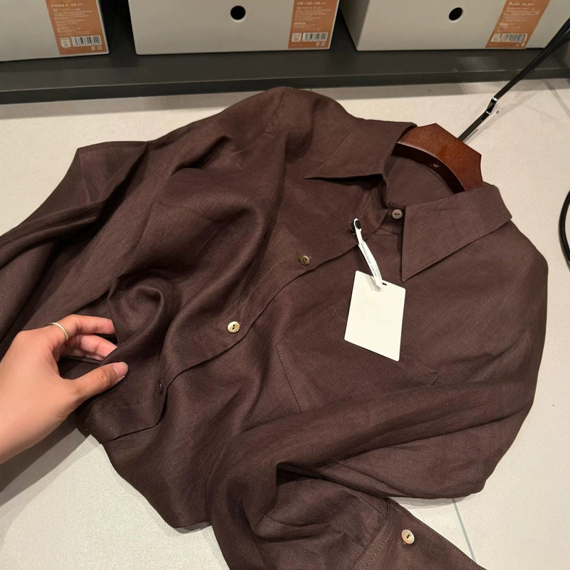 Highly recommended! Autumn old money style~Korean version brown collared linen blend casual commuting shirt for women Highly recommended! Autumn old money style~Korean version brown collared linen blend casual commuting shirt for women