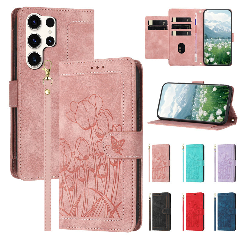 S25edgeS24Ultra Phone Case Embossed Tulip Flip Leather Case S23FE Lanyard A16 Protective Case A55