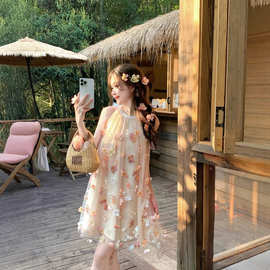 跨境夏季新款法式气质小众设计别致优美氛围感挂脖纱网花瓣连衣裙