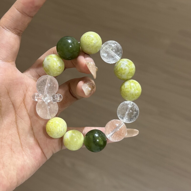 天然菜花玉岫玉白水晶手链女款小众设计款单圈手串三色撞色手饰|undefined