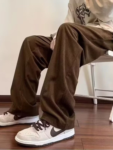 Hong Kong-style corduroy pants for men: trendy autumn Instagram-inspired loose-fit, straight-leg, wide-leg sweatpants—versatile casual long trousers