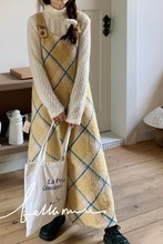 UNMUN秋冬格纹毛呢宽松森系保暖斜格纹双扣设计背带裙厚实韩系连